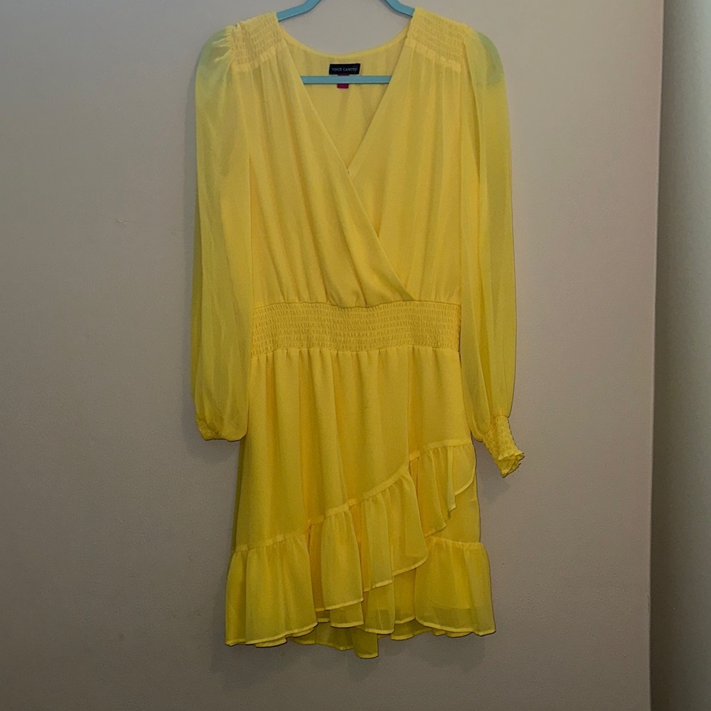 Light Yellow Long-Sleeve Ruffle Wrap Dress